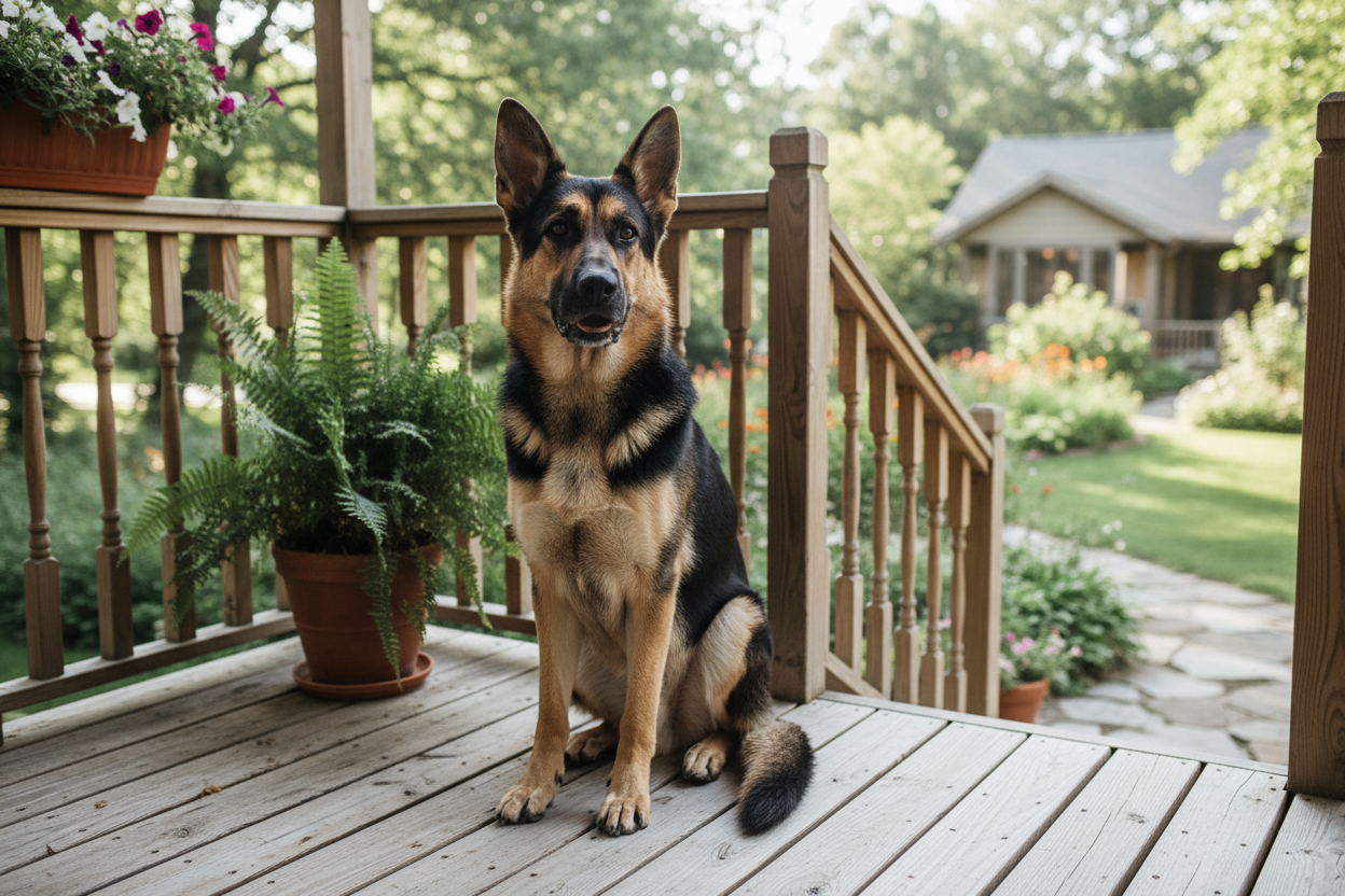German Shepherd Dog Sitting on a Porch